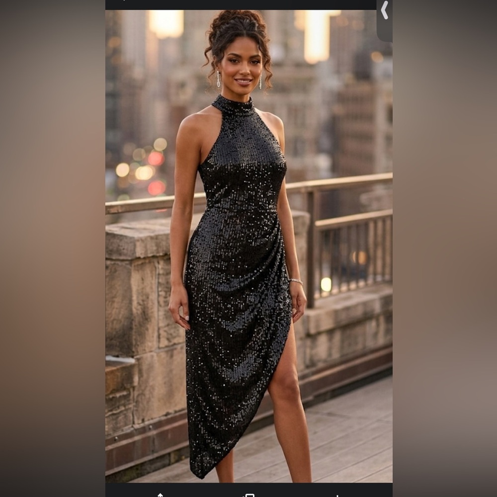 Lucy Paris Black One-Shoulder Sequin Evening Dress.    NWT